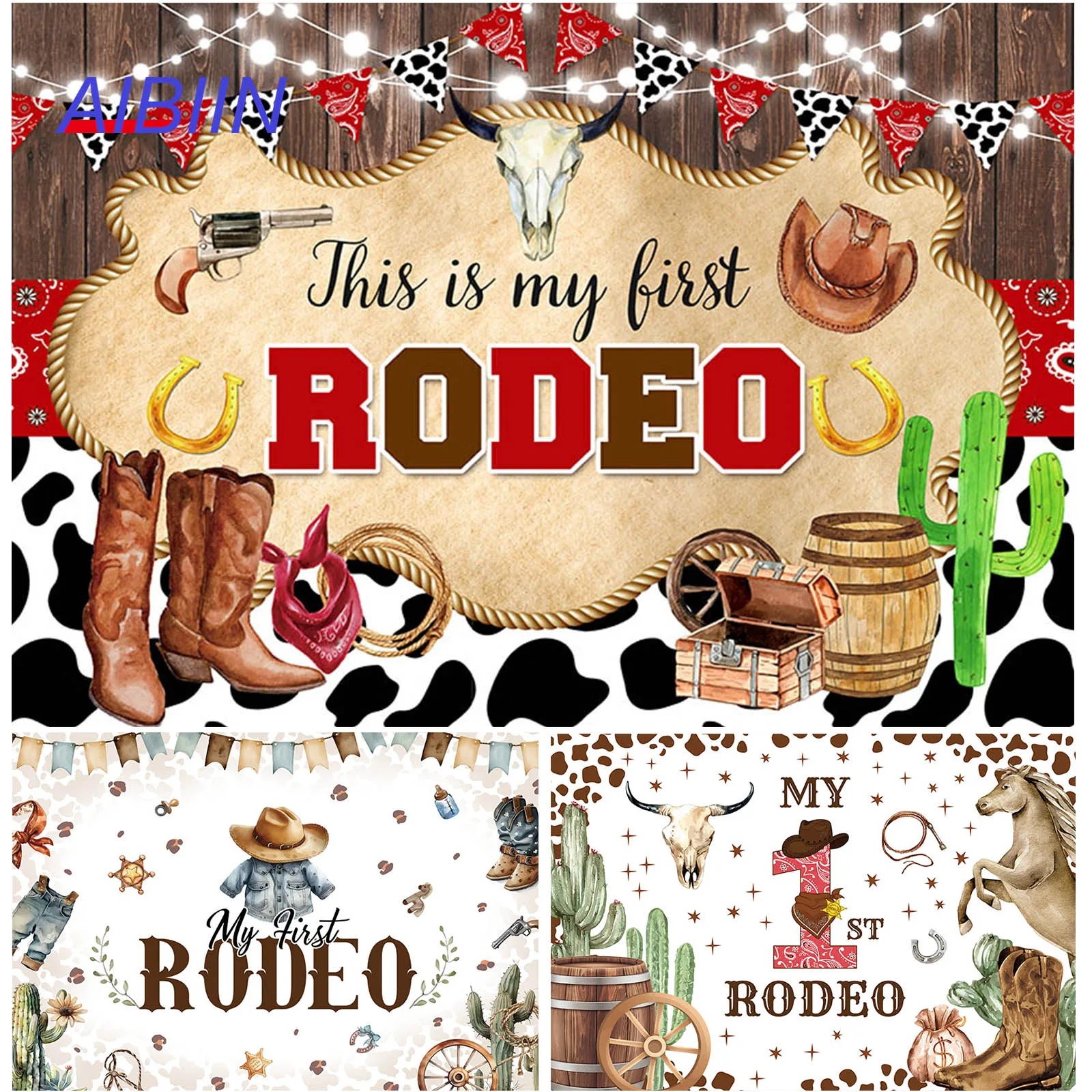 My First Rodeo 1st Birthday Backdrop Western Cowboy Cow Print Wild West Rustic Wood Boot Hat Photography Background Party Decor