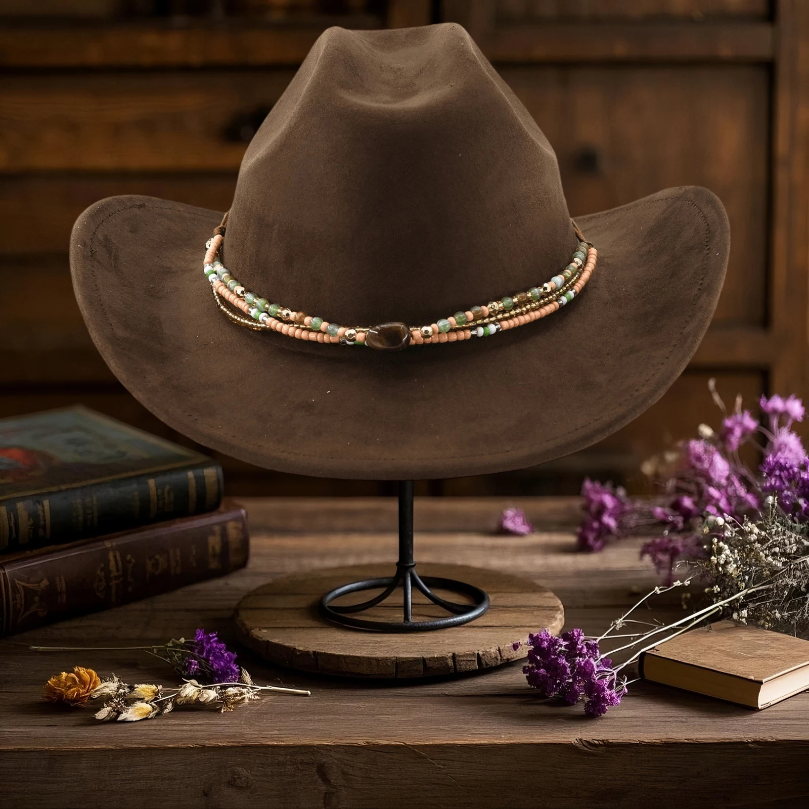 Felt Cowgirl Hat Stylish Beaded Strap Western Hat Wide Brim Jazz Cap for Daily Life Party