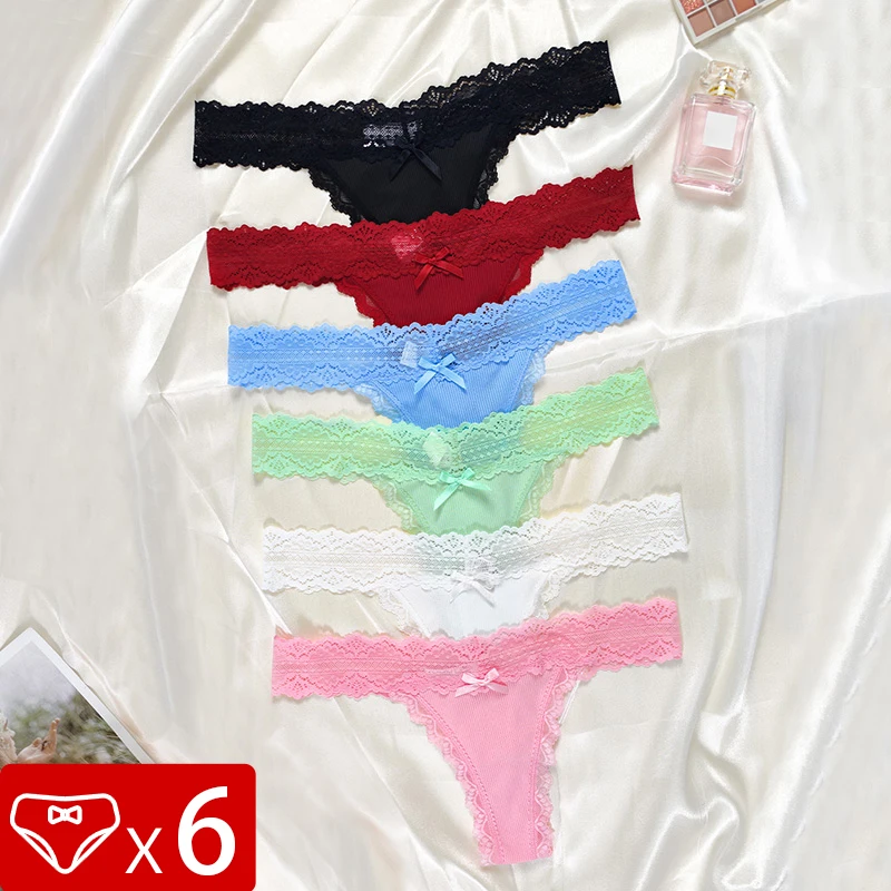 6pcs/Set Perspective Floral Panties Women Lace Thongs Low Waist Comfortable Solid Ladies G-string Bow Female Sexy Underwear