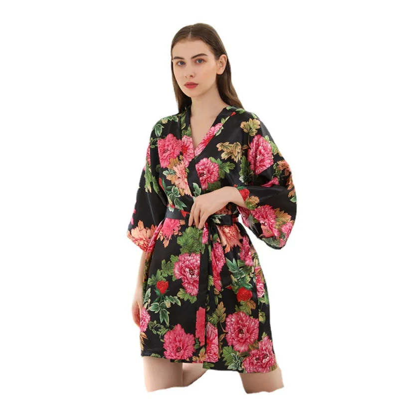 Loose Bathrobe Sexy Print Flower Women Kimono Robe Gown Satin Silk Intimate Lingerie Nightgown Soft Home Dressing Gown