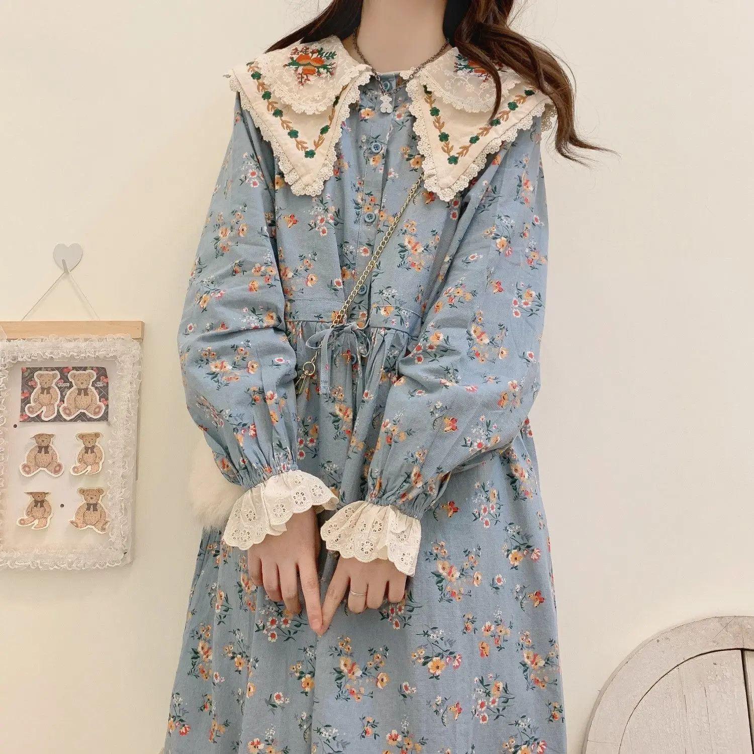 Japanese Mori Girl Art Print Dress Pretty style Cotton Linen Spring Women New Floral Dress Female Loose Long Sleeve Midi Dress