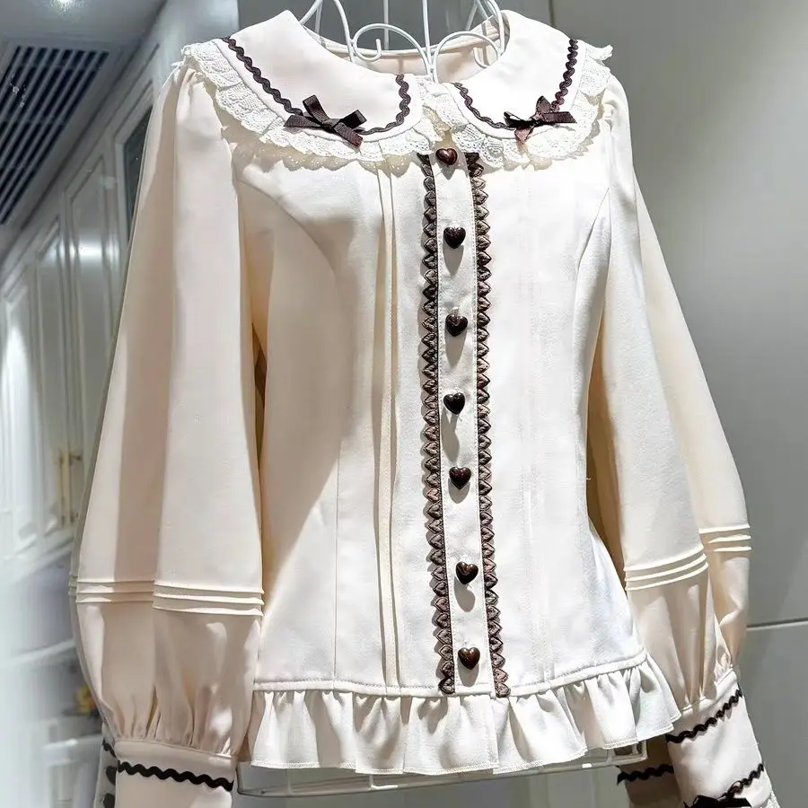 

Japan Lolita Long-Sleeved Doll Collar Bow Cute Lantern Sleeve Lace Shirt Doll Collar Top