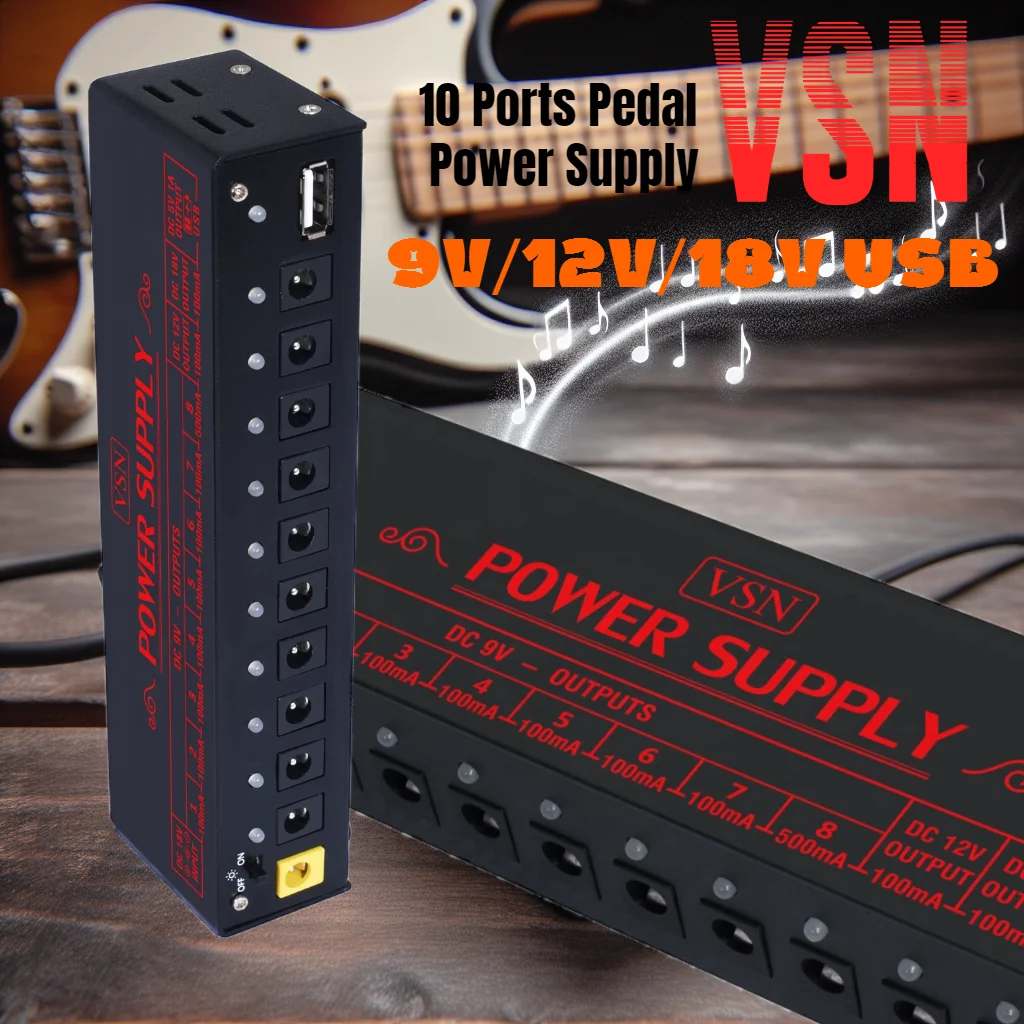 VSN-Guitar Pedal Power Supply Metal Shell 10 Isolated DC Output 9V/12V/18V Bass Effect Pedals with USB Ports Can Charging Phone