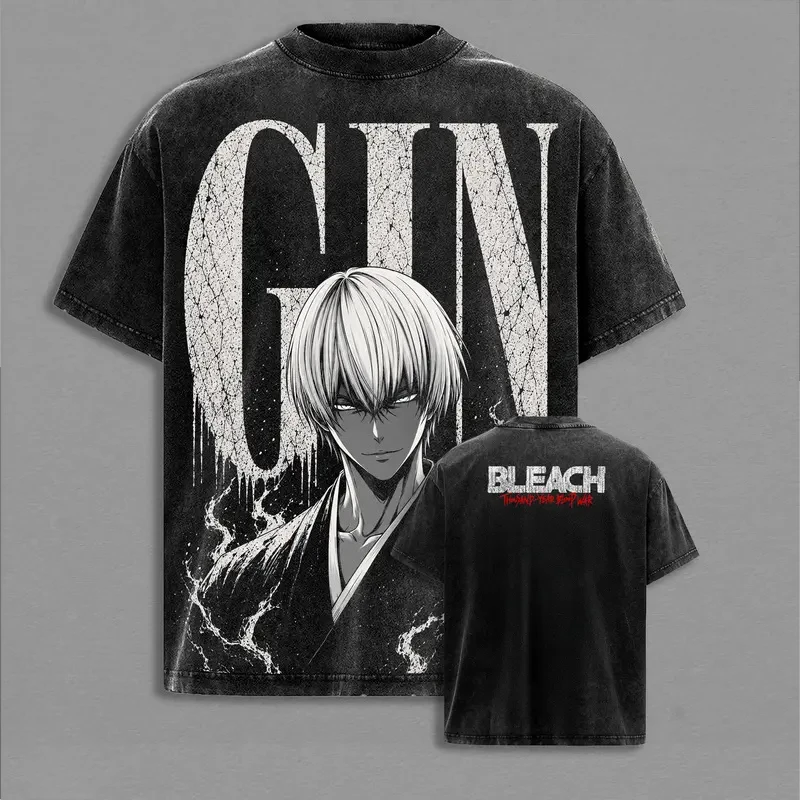 Ichimaru Gin BLEACH Retro T Shirt Manga Vintage Washed T-shirt Men Women Clothing Oversized High Quality Cotton Tees Clothes