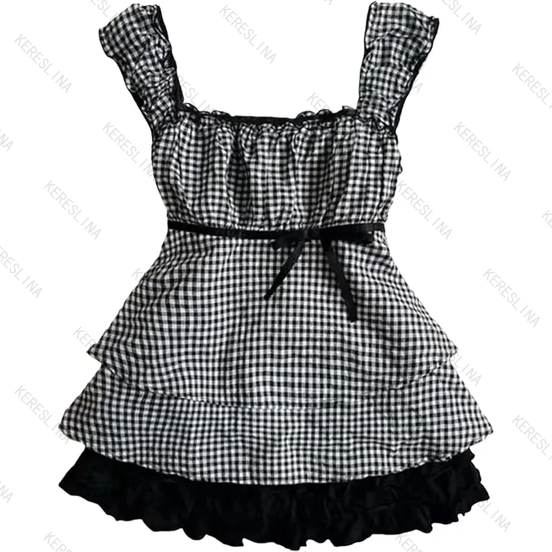 Vintage Cute Sweet Checkered Bow Spliced Camisole Top Summer American High Street Fashionable Popular Casual Versatile Vest Top