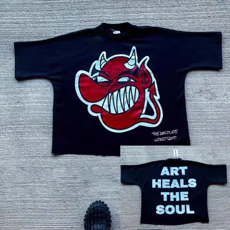 

2025 Hip-Hop Rock Cartoon Print Cotton T-Shirt Europe US Streetwear Light Luxury Trend Short Sleeve Casual Graphic Tee