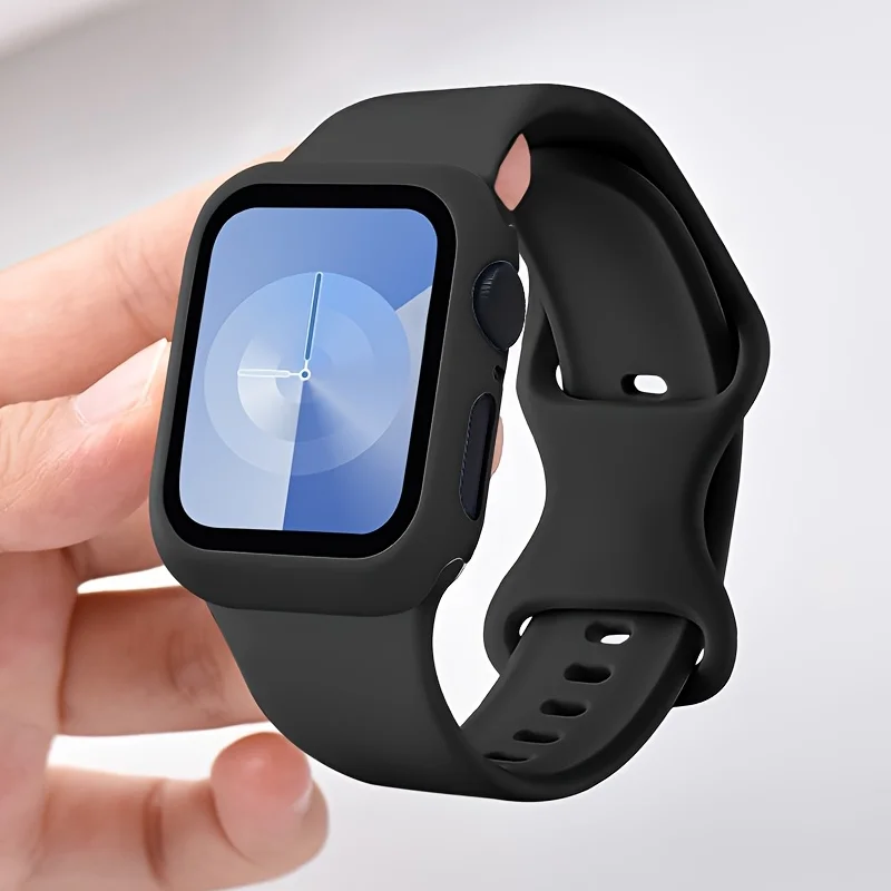 

Glass+Case+Strap For Apple Watch band 45mm 44mm 42mm 41mm 40mm 38mm Silicone watchband bracelet iWatch series 8 9 7 6 5 4 3 SE