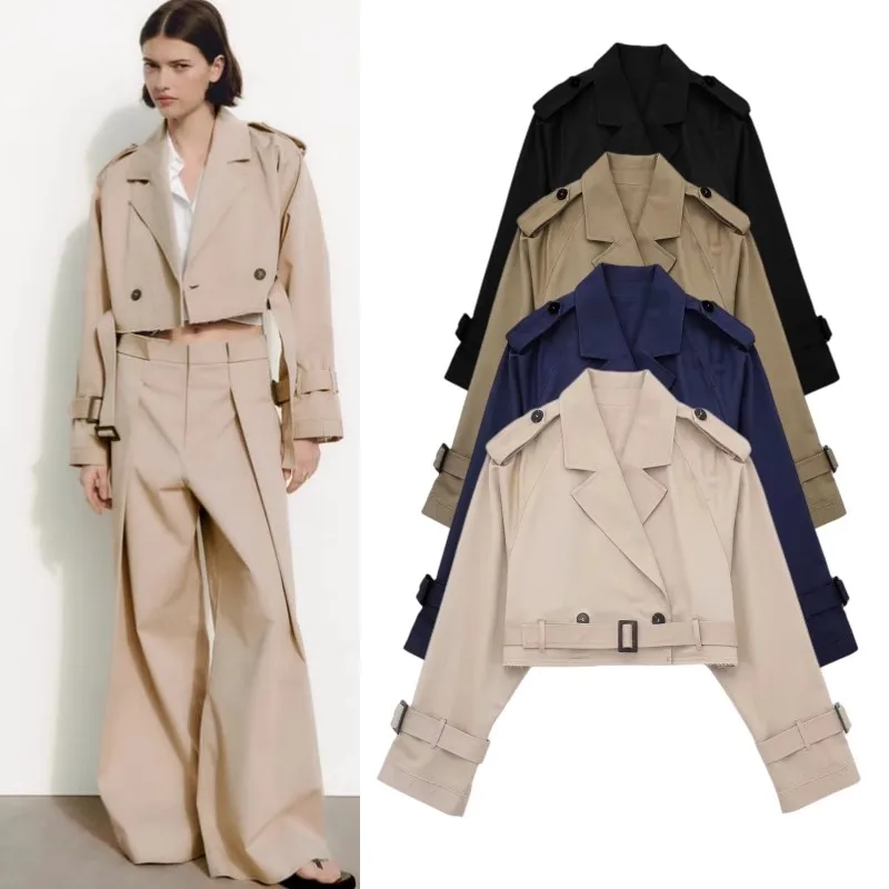 

Casual Sle Biker ort Coat Jaet Women's Loose Fit Long Sve Windbreaker with Belt Cotton Material Neutral G