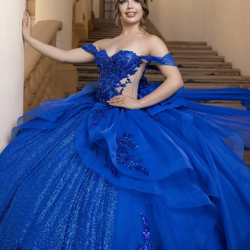 

Shiny royal blue Quinceanera Dress Sequins Decal off-shoulder Long tail Lace layering Vestidos De 15 Quinceanera ﻿Customize