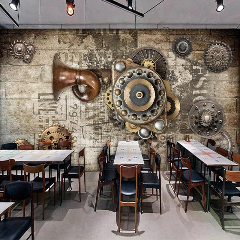 Custom Mural Wallpaper Retro Brick Wall Gear Bar Restaurant Background Wall Fresco Personality Home Interior Papel De Parede 3 D