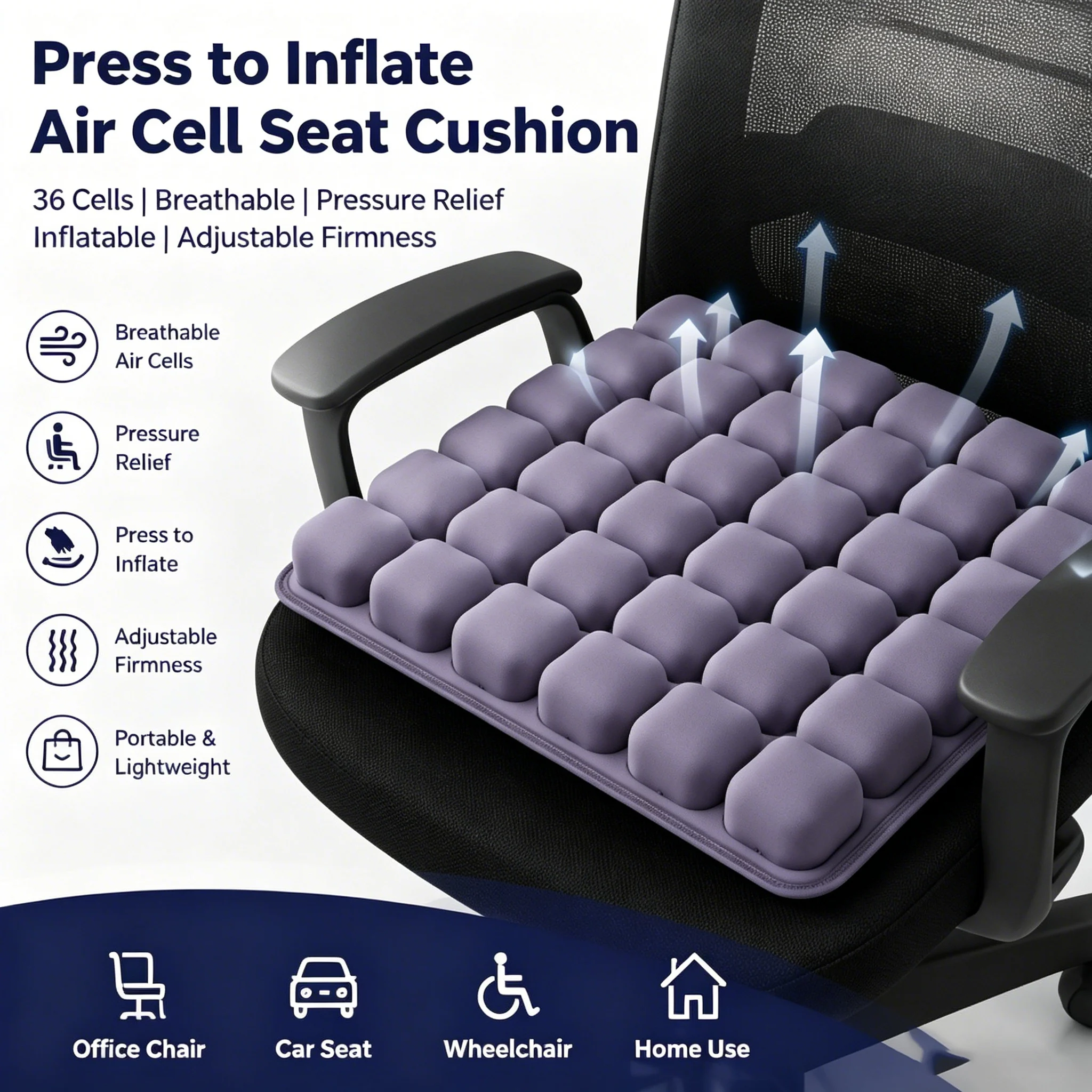 Press to Inflate Air Cell Seat Cushion 36 Cells Breathable Pressure Relief Inflatable Adjustable Firmness Office Wheelchair Car