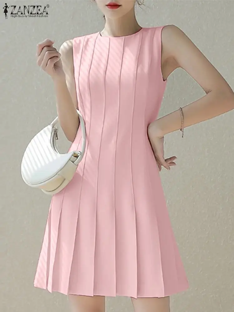 

ZANZEA Elegant Commuting OL Short Robes Casual Round Neck Tank Dress Women Summer Solid Pleated Fashion Sleeveless Mini Dresses