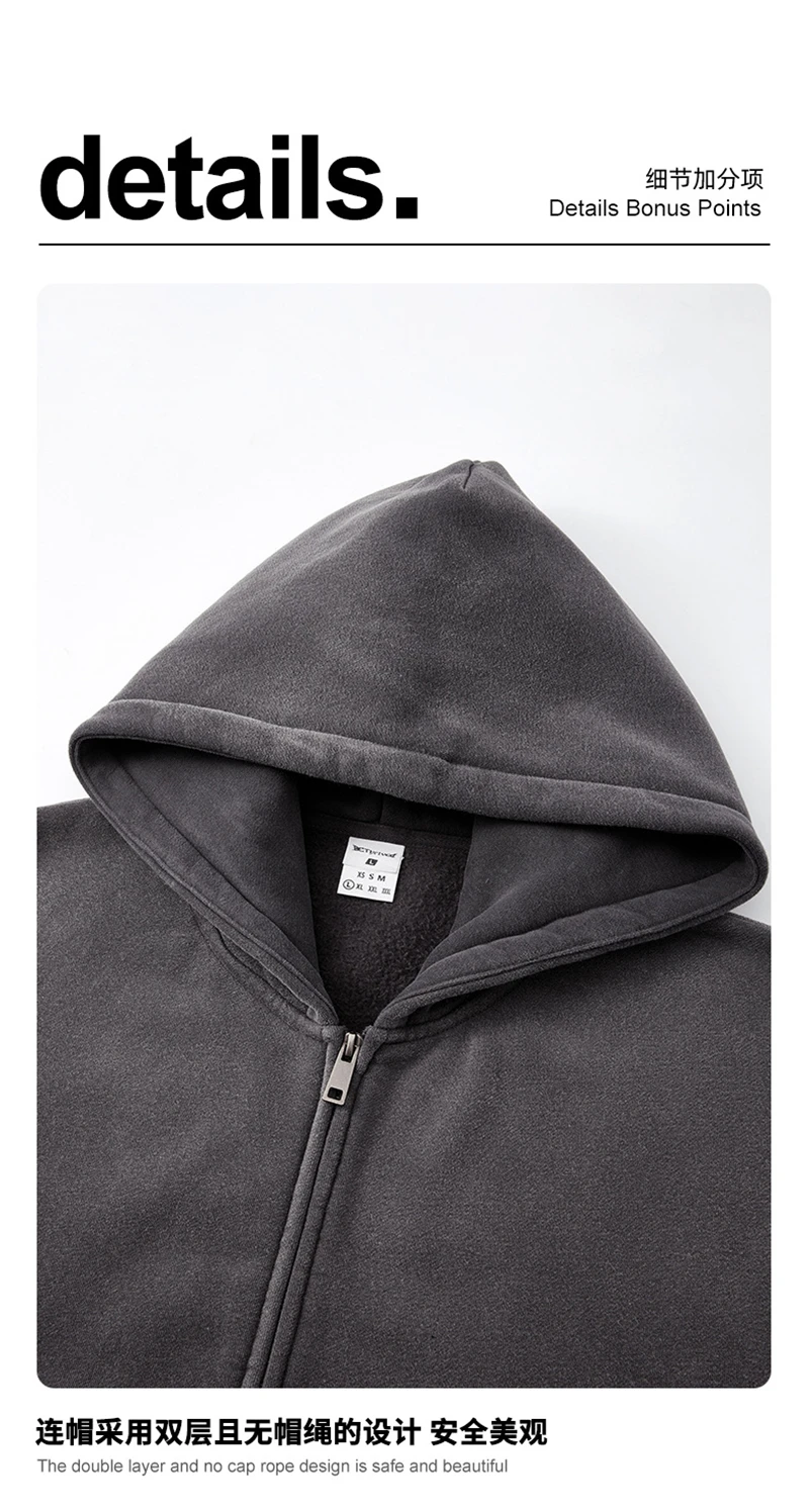 ZODF Retro Winter 400gsm Monkey Washed Fleece Zipper Hoodie Unisex Boxyfit Distressed High Street Hooded Jackets Outwears HY1330