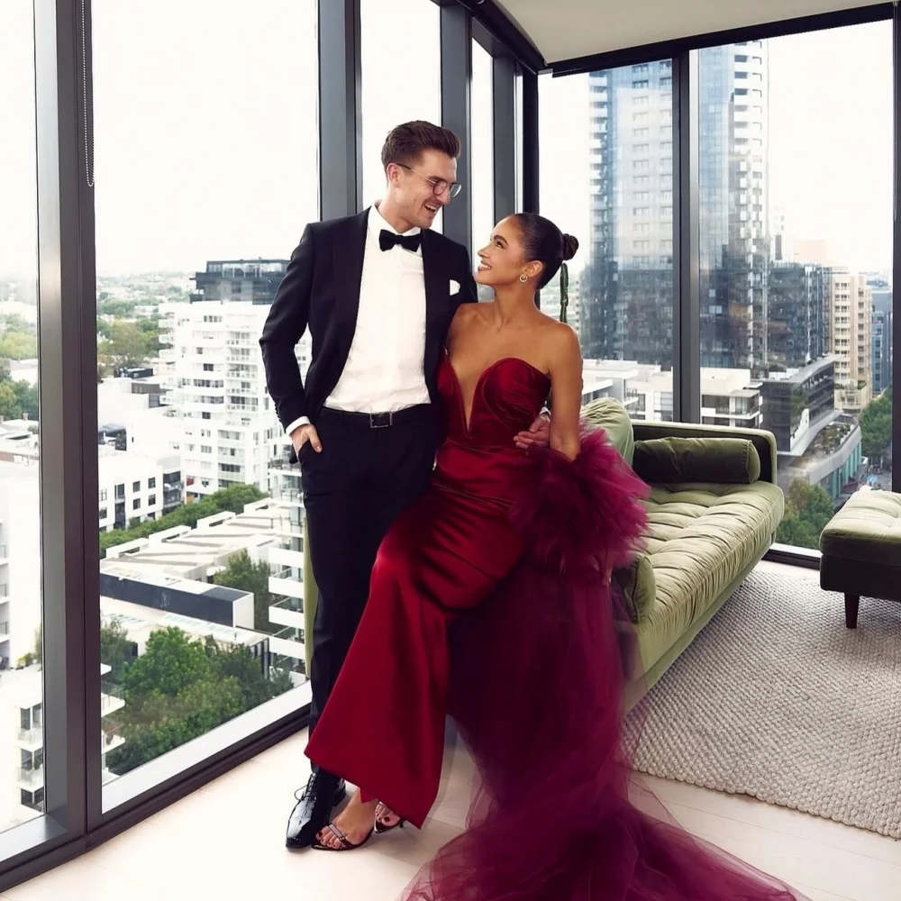 Amanda Customized Red With a Shawl Mermaid Prom Dresses Satin vestidos de noche V Neck Floor-Length Floor-Length Formal Evening