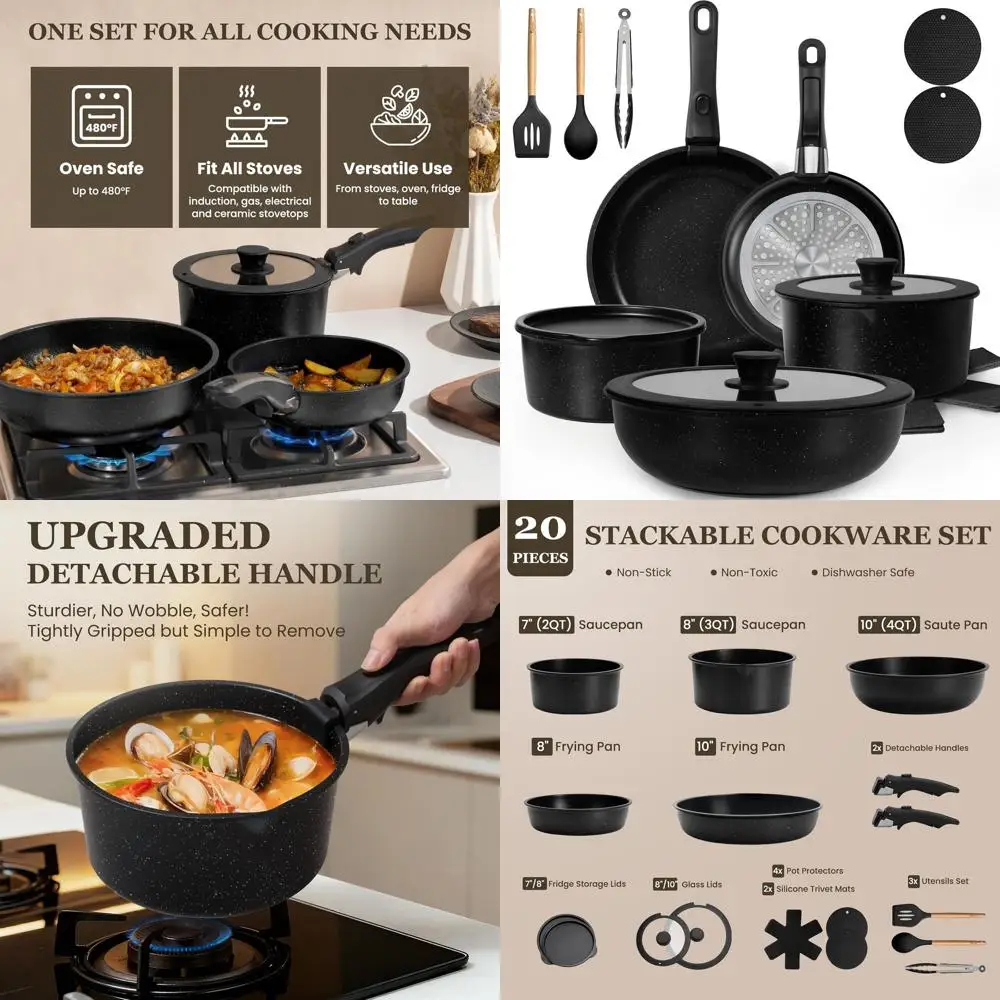 

Black Non-Stick 20-Piece Detachable Handle Cookware Set for RV, Induction Compatible, Oven and Dishwasher Safe