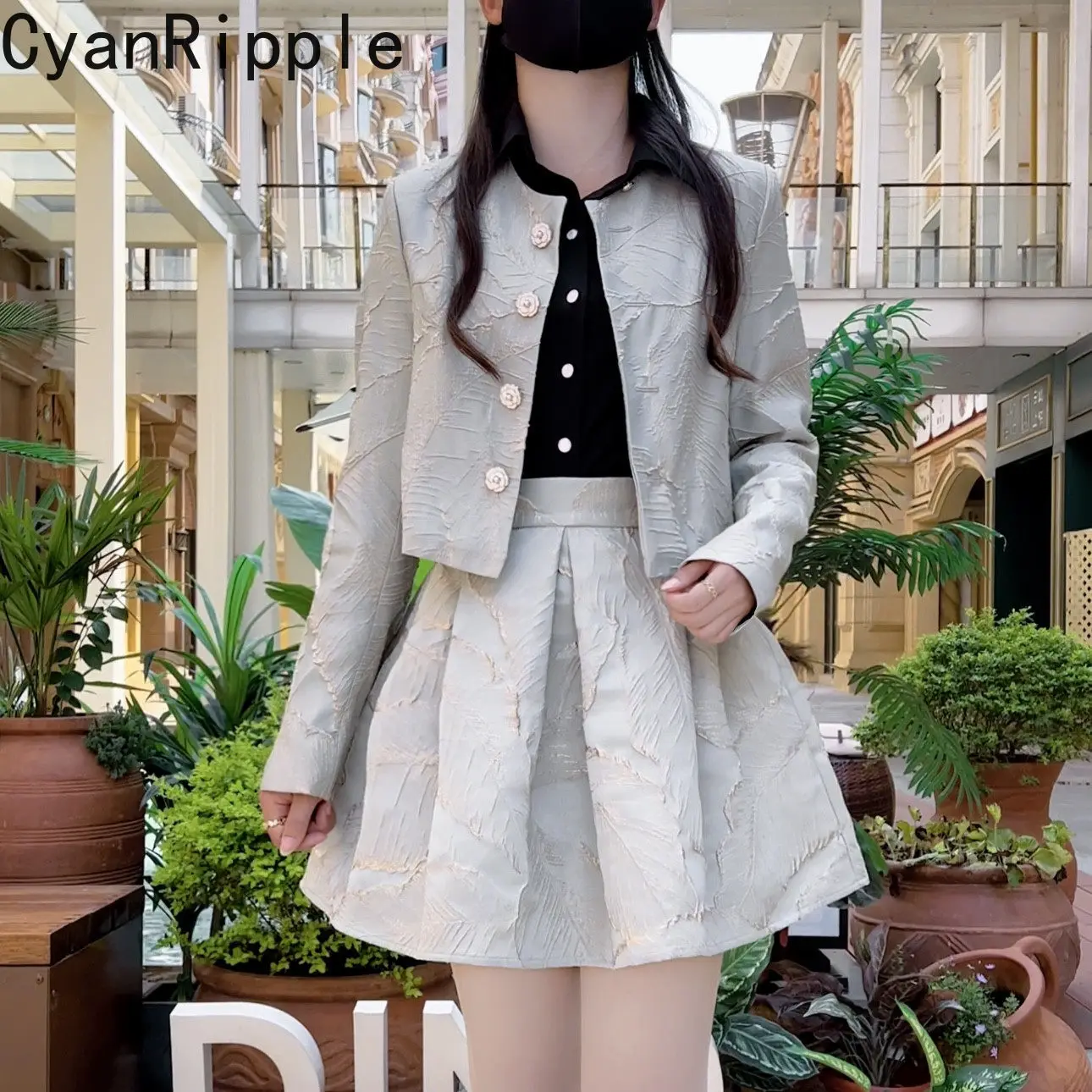 Elegant Lady Spring Autumn Women Two-piece Set Single-breasted Round Neck Crop Cardigans Coat High Waist Jacquard A-line Skirt