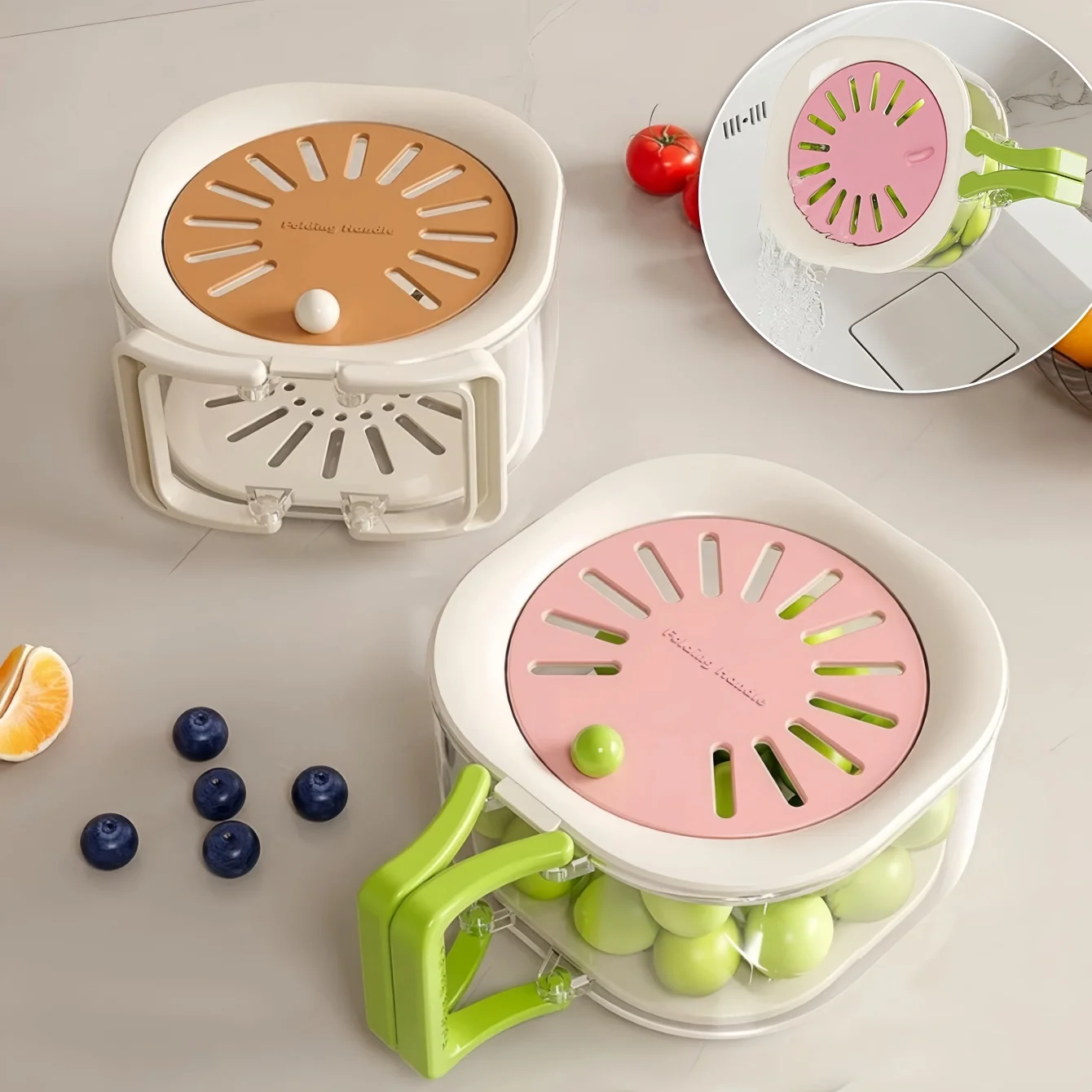 Multifunktionale Obst- und Gemüsewaschschüssel mit Sieb, Multifunktionaler Obst- und Gemüsewäscher, Beerenbehälter, Salatbehälter