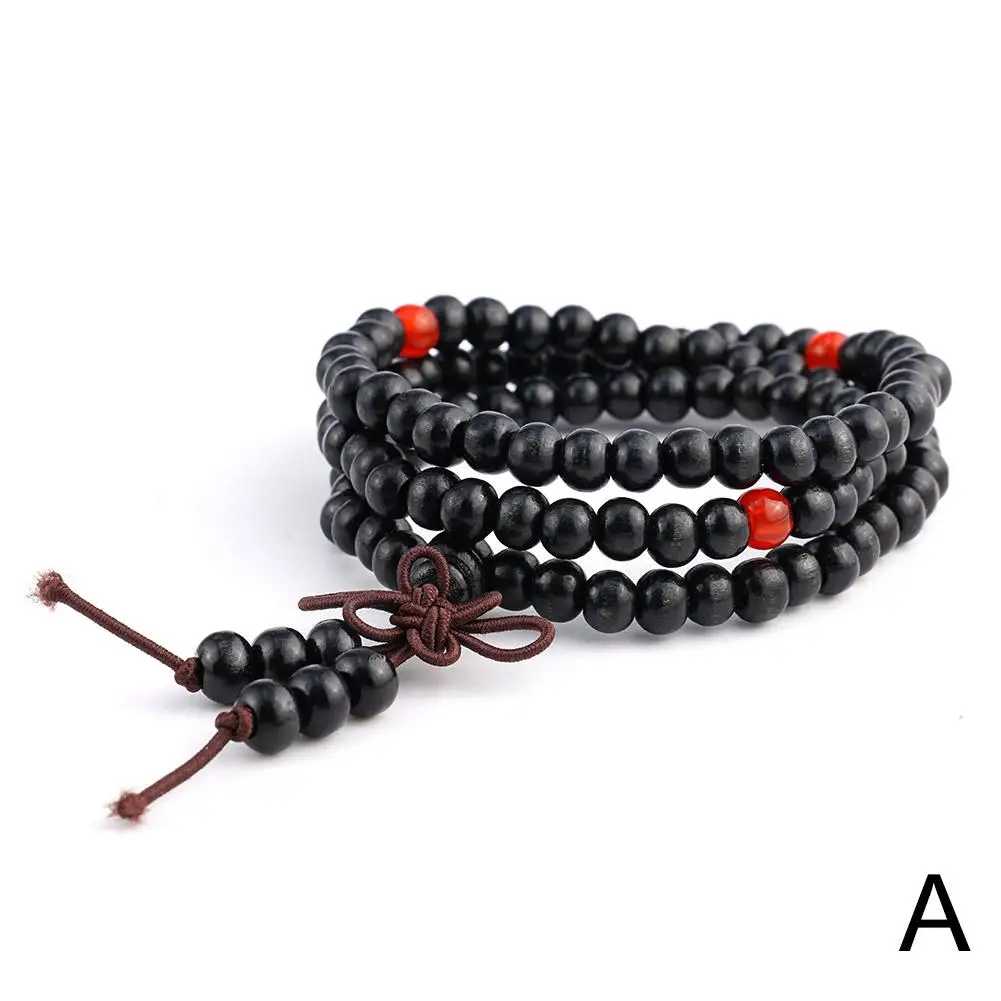 Green Sandalwood 108 Beads Bracelet, Buddhist Prayer Mala with Chinese Knot, Multi-Layer Wooden Meditation Rosary