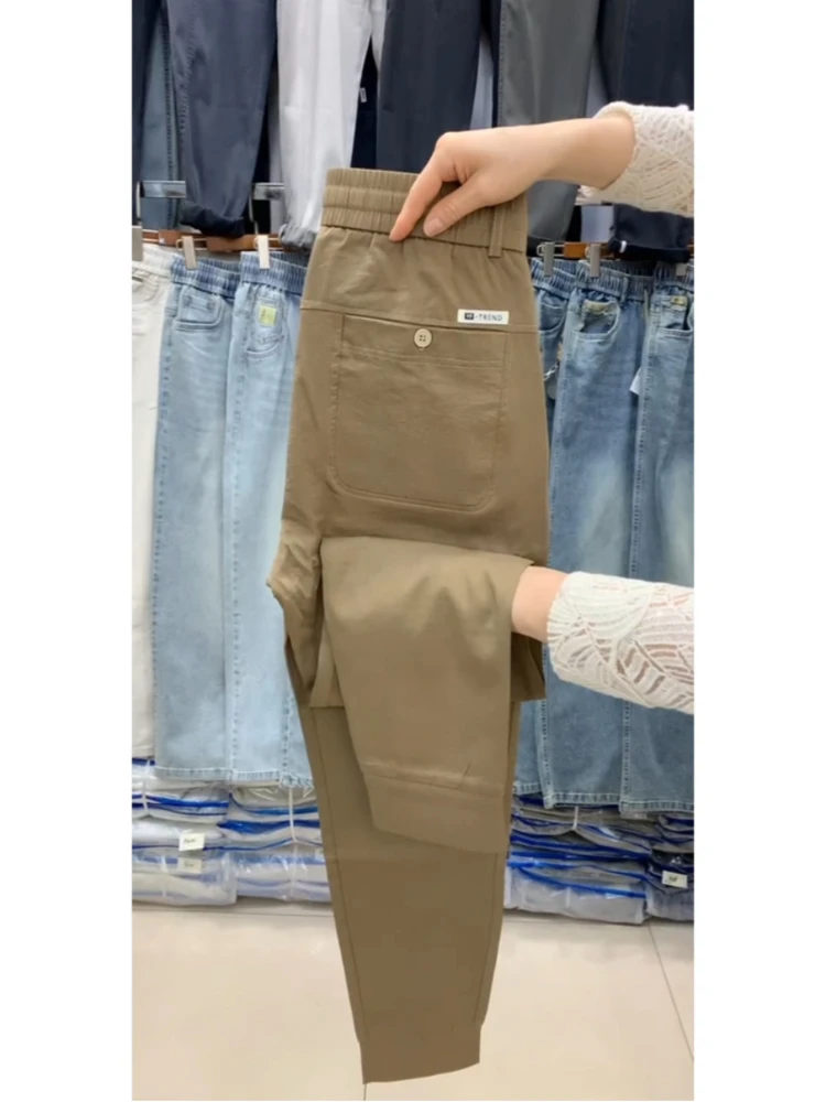 

Летние тонкие однотонные мужские модные брюки свободного кроя из медно-аммиачного шелка с эластичным поясом, повседневные брюки свободного кроя