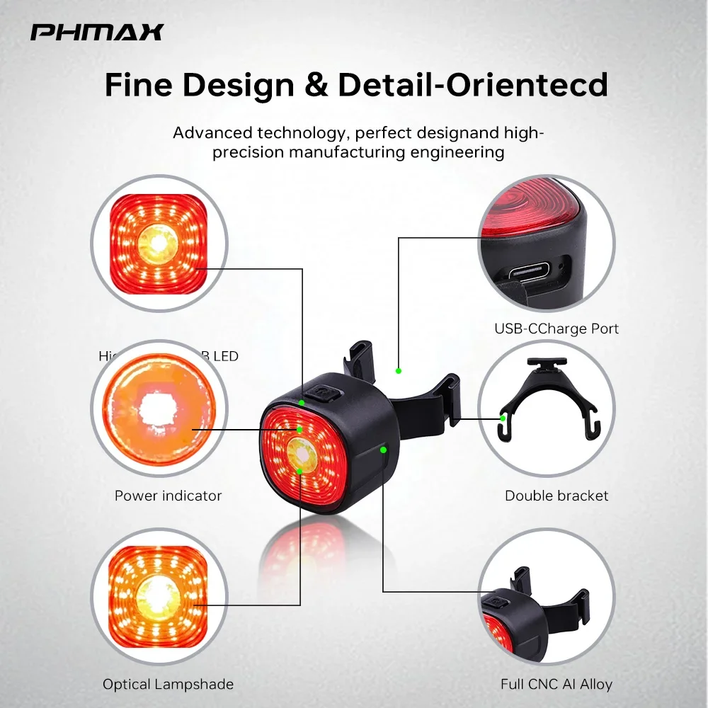 PHMAX Bicycle Tail Light Smart Brake MTB Road Seatpost Saddle Bike Rear Light IP66 Waterproof Type-C Charging Cycling Taillight