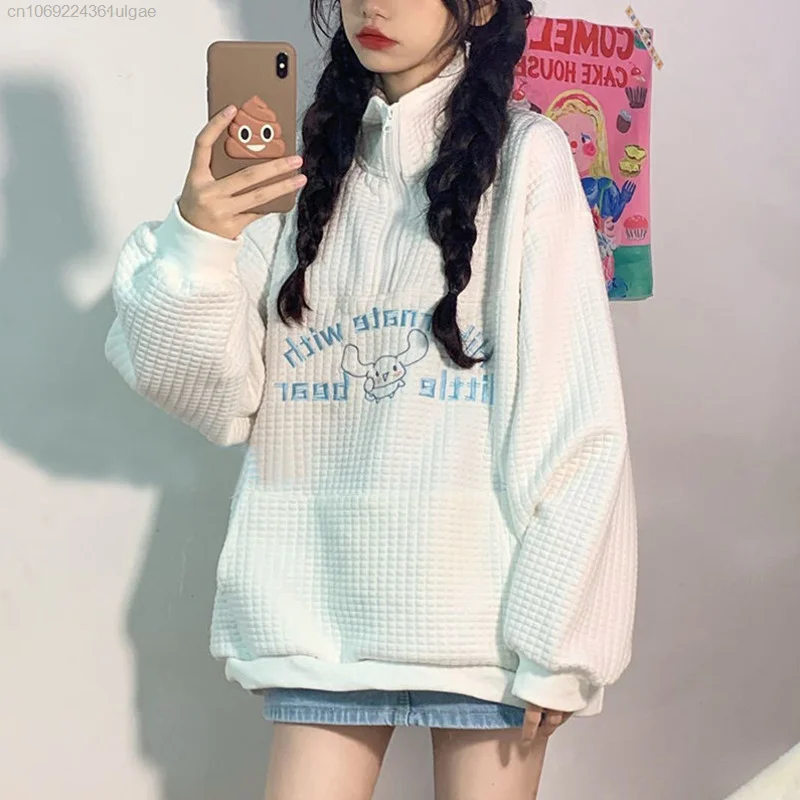 Sanrio Y2k Clothes Cartoon Cinnamoroll Embroidered Thin Waffle Pullover Kawaii Sweatshirts Women Tops Spring Long Sleeve Shirts