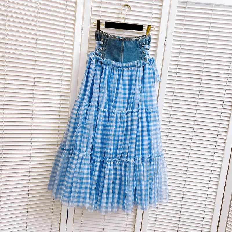 High-Grade Denim Stitching Gauzy Skirt Spring/Summer Lace-up Cake Plaid Skirts Large Swing A- Line Bubble Long Skirt for Student