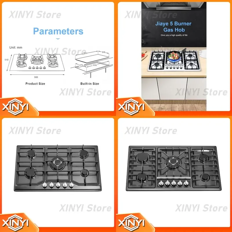 for JIAYE 86cm Stainless Steel Built-in Gas Cooker Cooktop 5 Burner Gas Hob Electric Power Source CE Certified for Use
