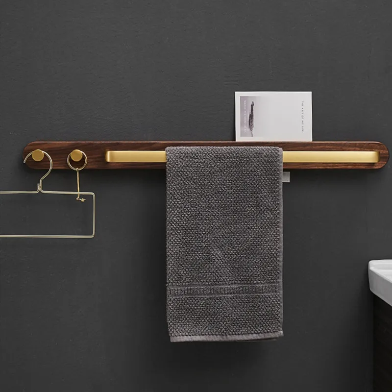 

Punch-free Solid Wood Towel Rail Rack Wall Mounted with Hook Towel Holder Restroom Hanging Storage Shelf Bathroom Accessories