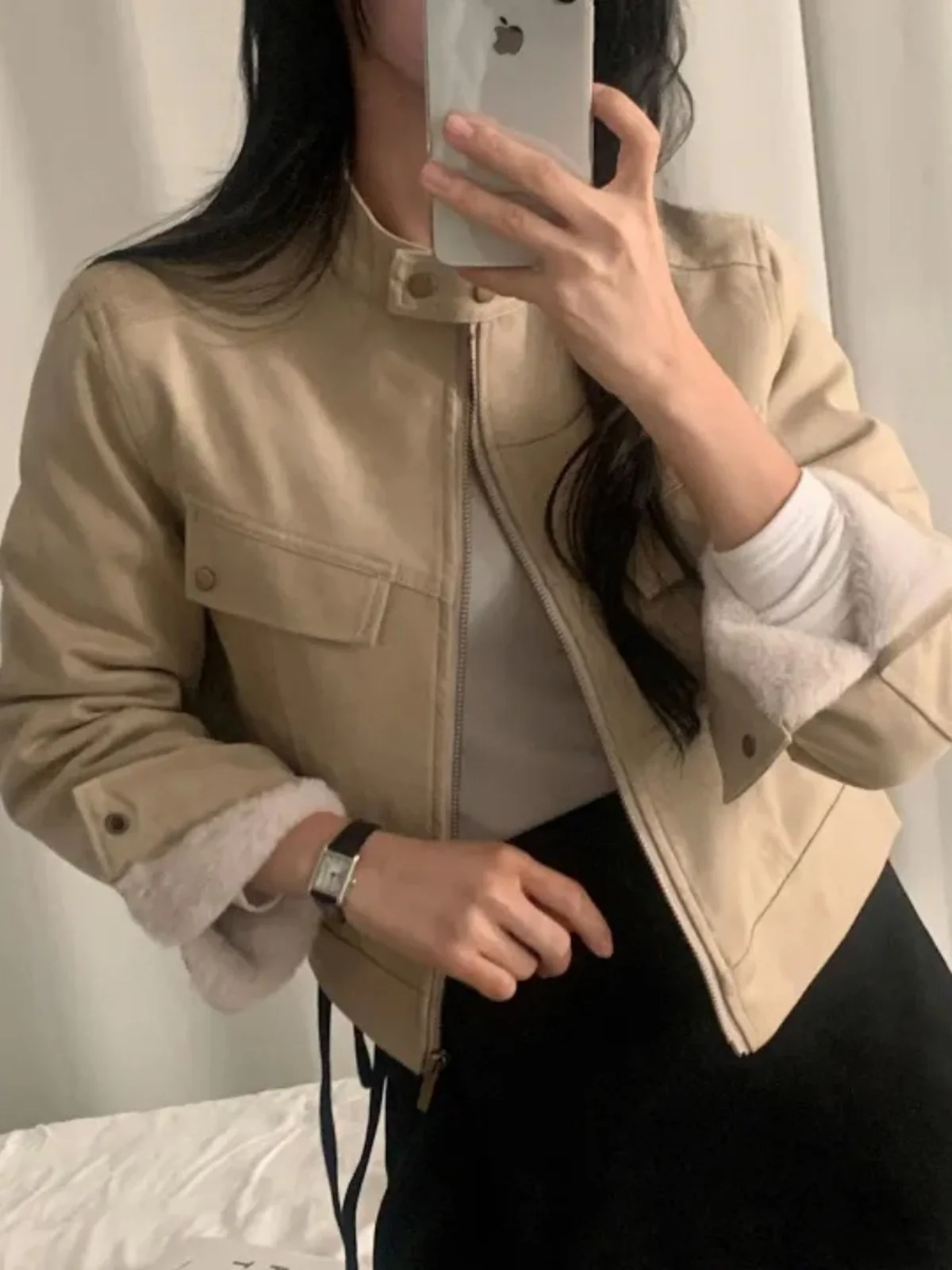 

ort Deer Hide Velvet Jaet Women's Hong Kong Sle Retro Loose Thiened Long Sve Upper Body High Collar Zipper Closure