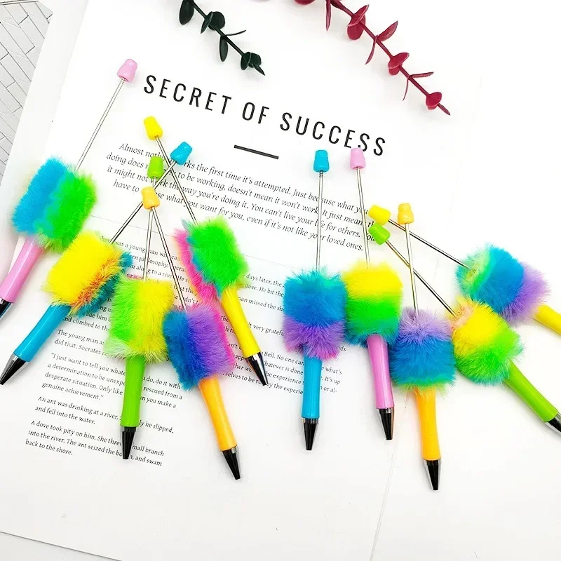 100pcs Rainbow Style Beaded Ballpoint Pen Colorful DIY Handmade Plush Decoration Cute Ball Pens Stationary School Supplies