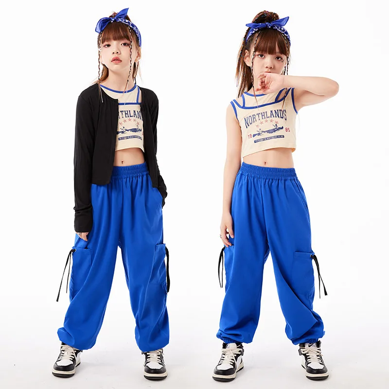 Sommer Hip Hop Mädchen tanzen Kleidung Jazz Kostüm Nabel Tops blaue Jogging hose üben Kleidung Street Dance Performance Anzug