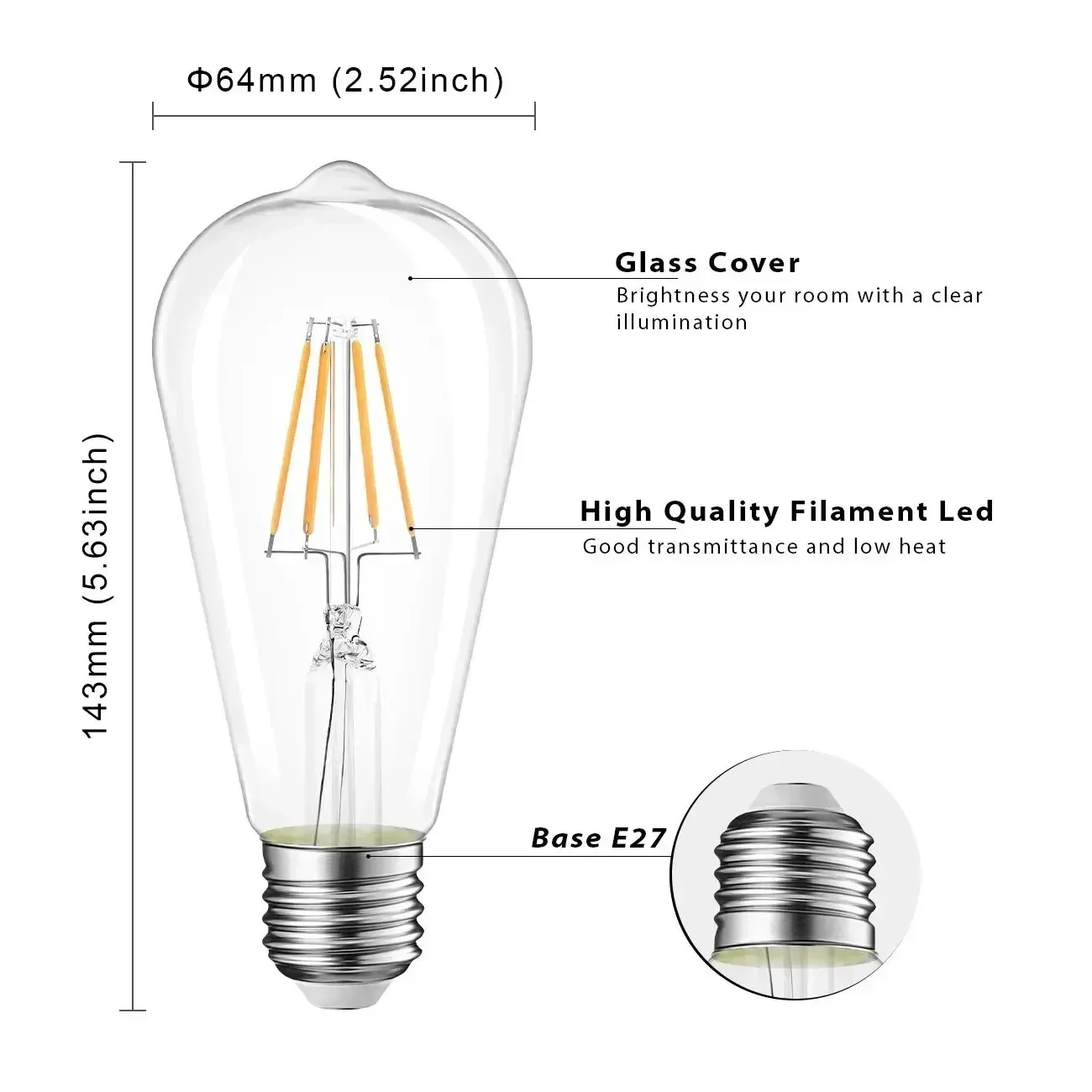 E27 LED bulb filament rustic transparent st642700k warm white replace 60W incandescent lamp 806lm energy-saving 6 pieces