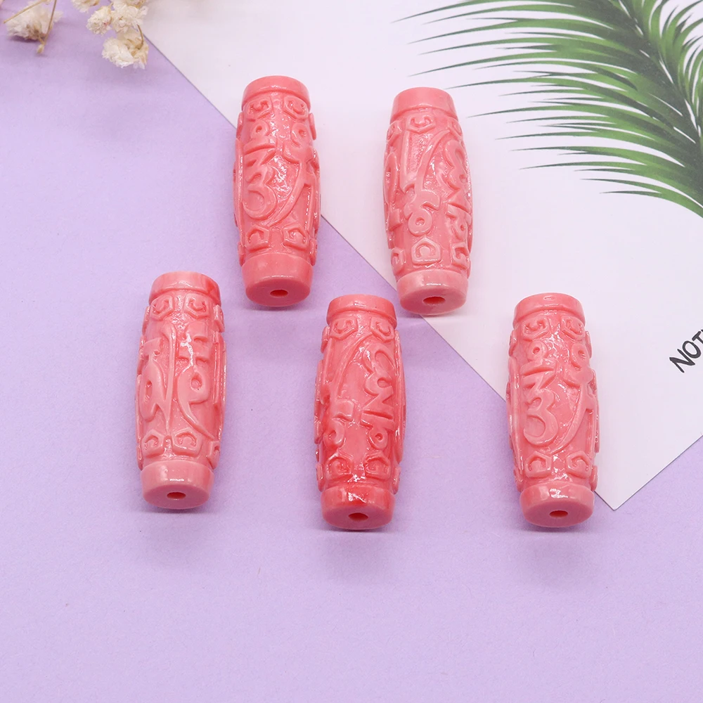 Natural Stone Barrel Beads Red Coral Six Word Motto Dzi Buddha Loose Beads for Jewelry Making DIY Bracelet Necklace Accessories