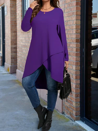 Imagen 2 del producto Camiseta elegante de manga larga de talla grande para mujer, Top asimétrico con dobladillo sumergido y cuello redondo de Color sólido para primavera/otoño