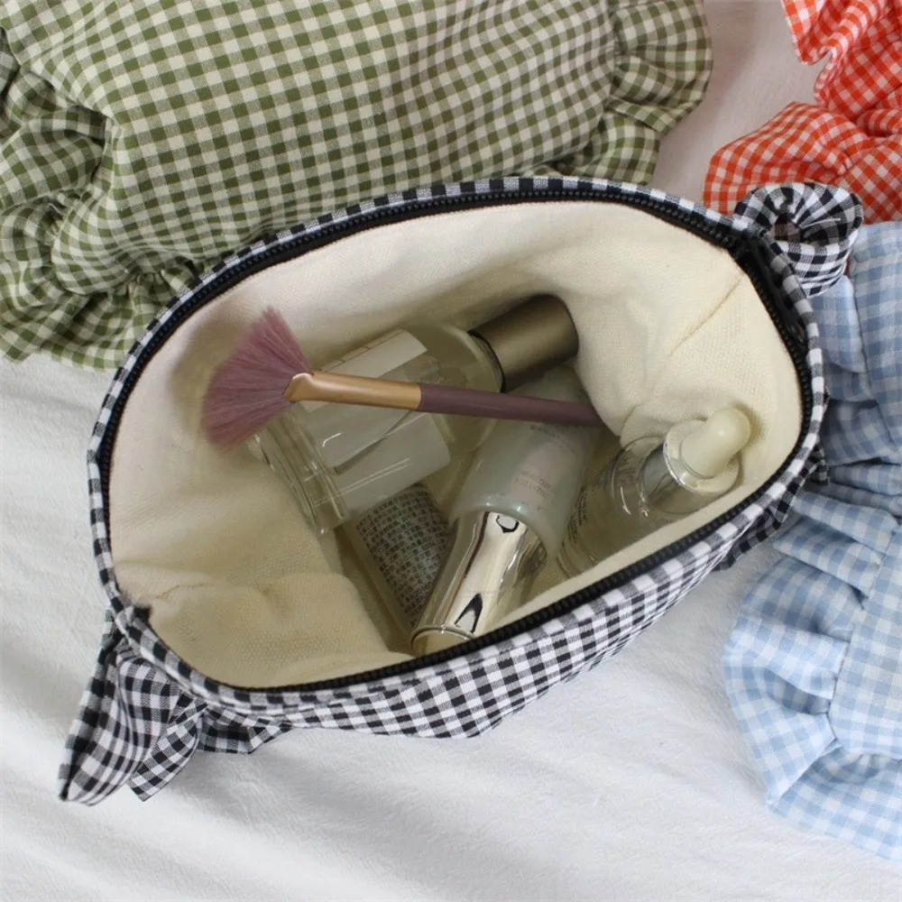 Durable Ruffle Plaid Makeup Bag Large Capacity Portable Cosmetic Pouch Zipper Handbag Home&Travel