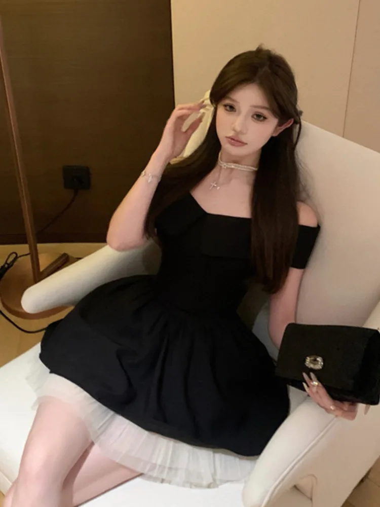 French Hepburn Elegant Lady Mini Evening Party Dress Mesh Stitching A Line Summer Dresses For Women Off Shoulder Slim Sexy Dress