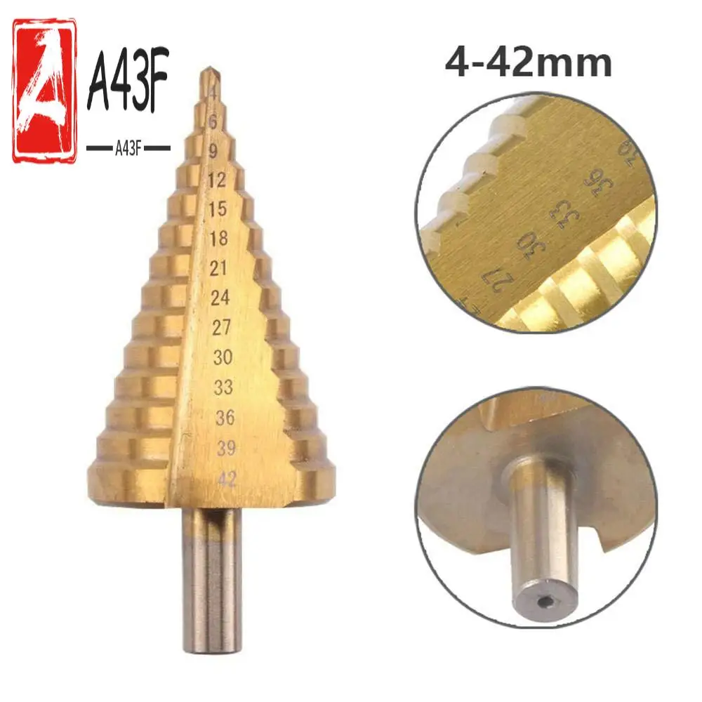 

A43F-HSS Ступенчатое конусное сверло - 4-42 мм, 14 размеров, инструмент для резки отверстий с круглым хвостовиком, высокоскоростная сталь