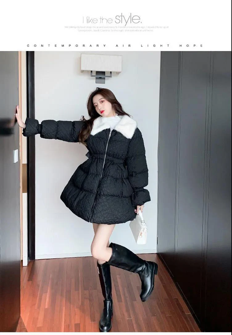 Korean Sweet Mid-Length Padded Coat for Women Winter Doll Collar Waist-Cinching Puffer Parkas Woman A Line Fluffy Quilted Jacket