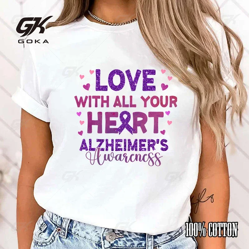 

New Love With All Your Heart Alzheimer'S Awareness Printed T Shirt Women Teens Fashion Short Sleeve Casual Tops Tees