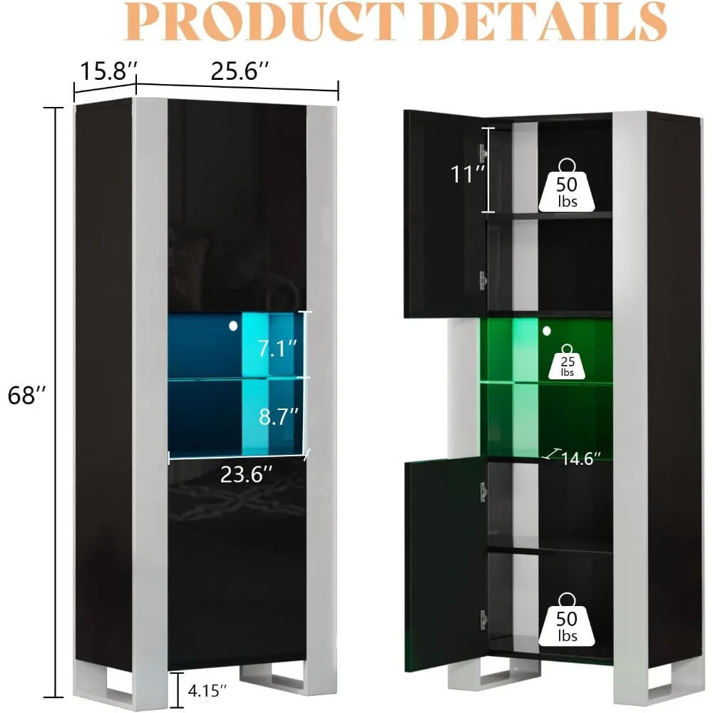 LED Display Cabinet Set of 2 68in Storage Cabinet with 6 Tiers, High Glossy Display Case 3 Adjustable Shelves Displays Cabinet