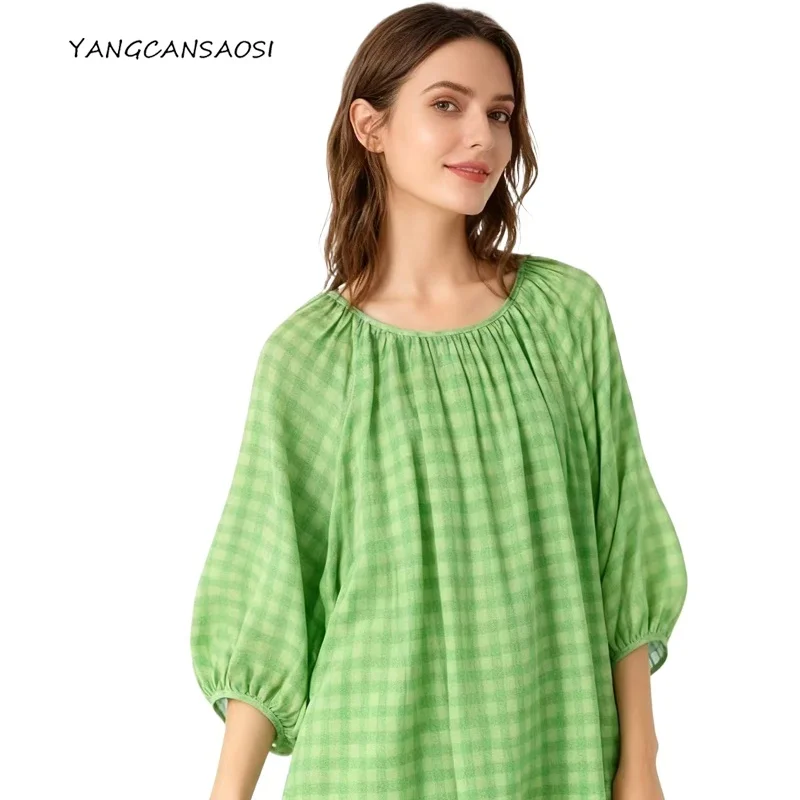 

2025 Women's Fashion Clothing 100% Natural Mulberry Silk Crepe De Chine Round Neck Lantern Sleeve Checkered Printed T-shirt