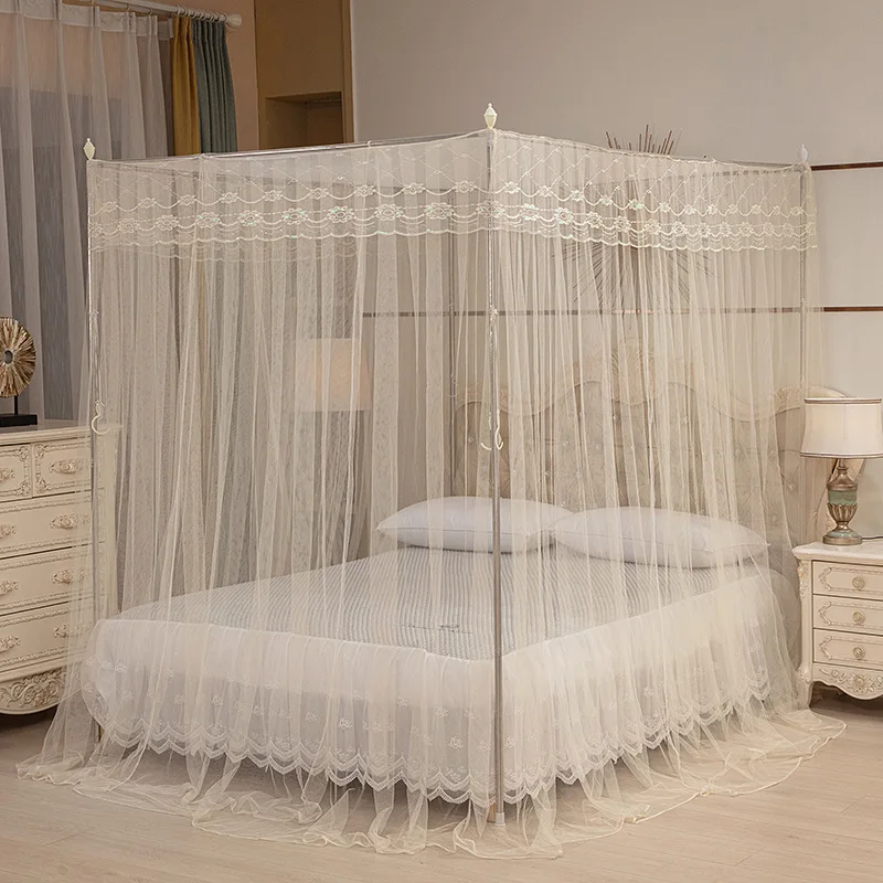 Lace Mosquito Net 4 Corner 3 Side Openings Post Bed Curtain Princess Canopy Netting Bedding Bed Curtains No Bracket view 5