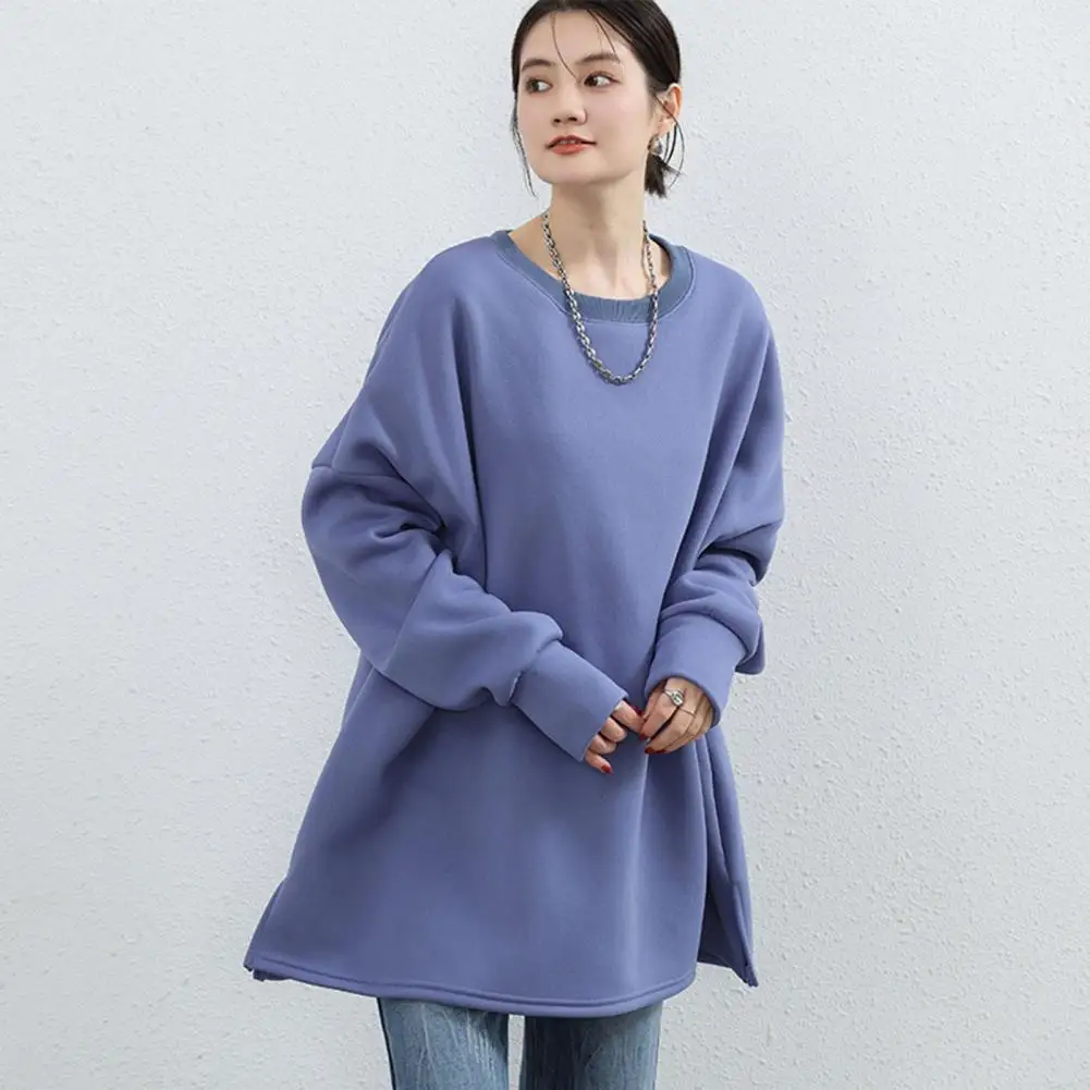 Women Top Loose Fit Sweatshirt Cozy Plush-lined Women's Sweatshirt with Slit Hem Elastic Cuffs for Fall Winter Comfort Stylish