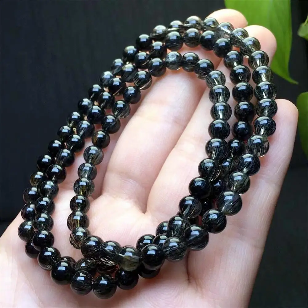 6mm Natural Black Hair Quartz Triple Circle Bracelet Women Fashion Sweet Reiki Healing Energy Strand Girls Jewelry Gift 1PCS