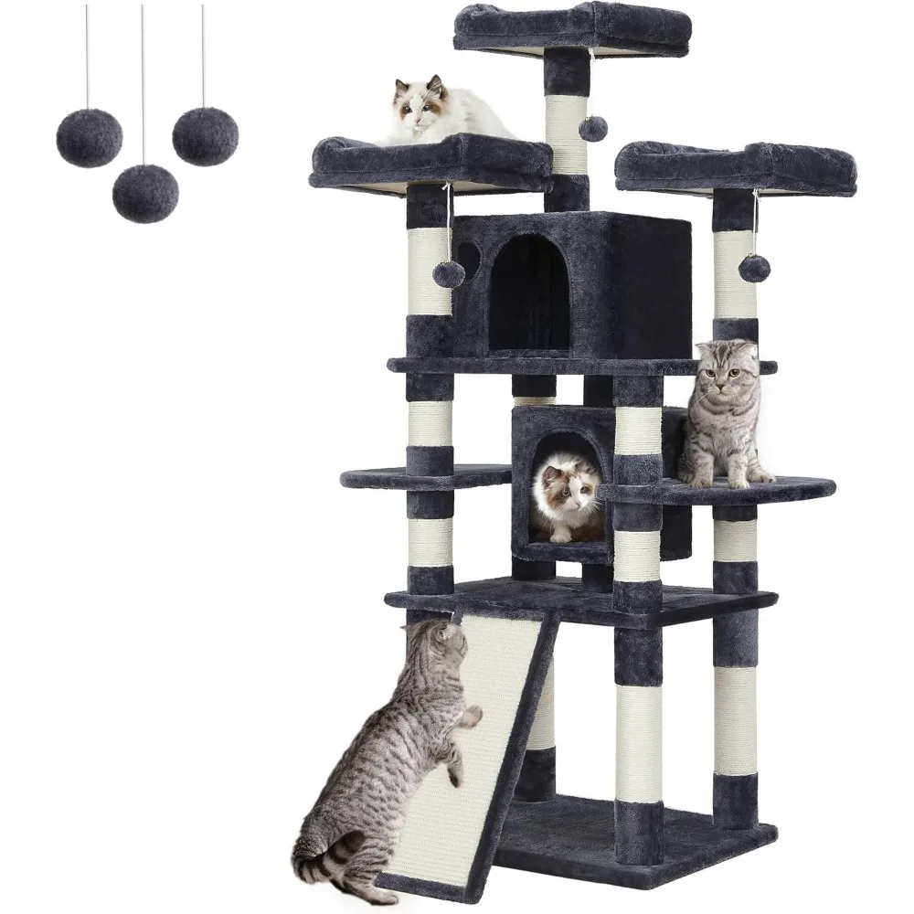 

67-Inch Multi-Level Cat Tree for Large Cats, Cozy Perches, Stable Design in Smoky Gray