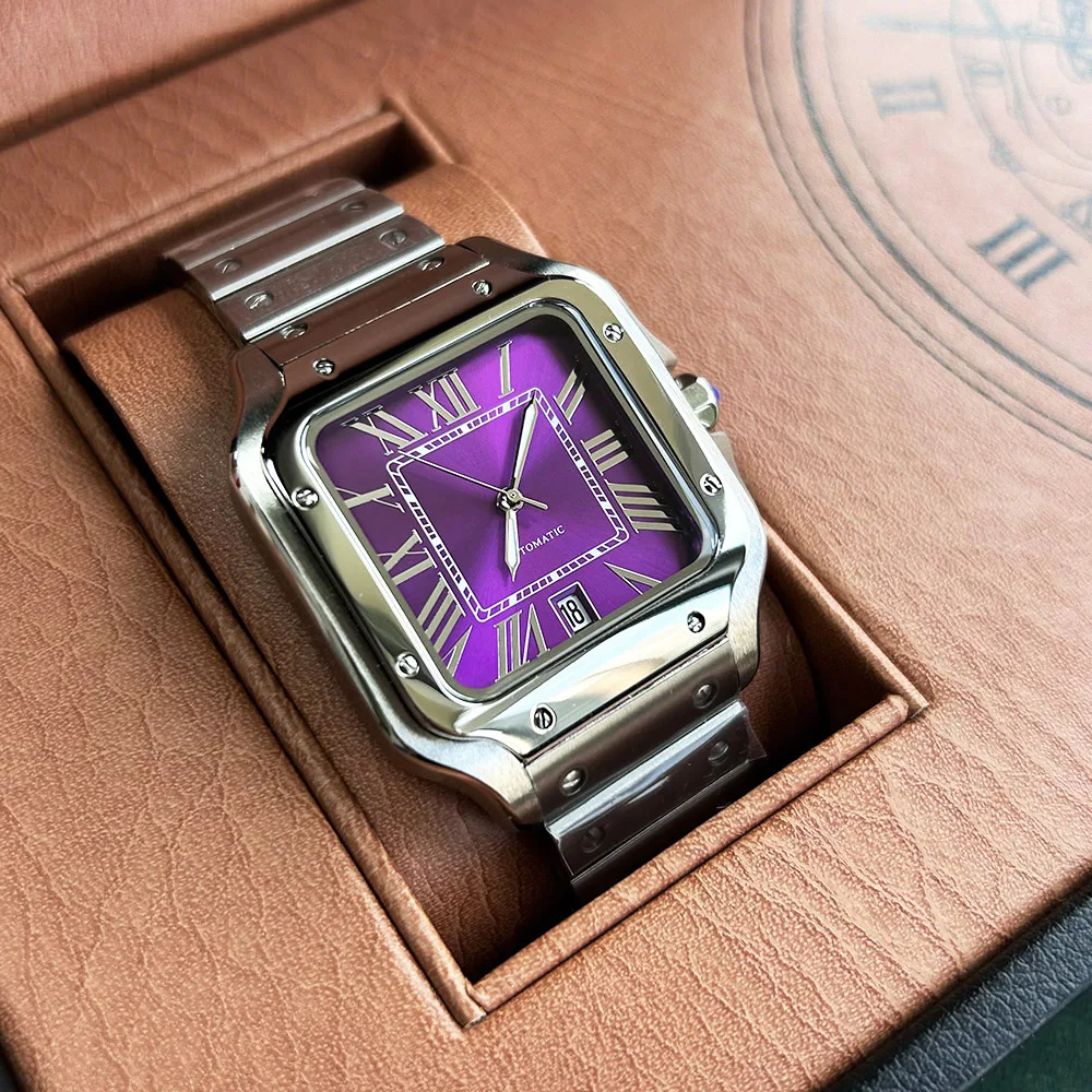 NH35 Watch man's watch square dial Red wine color Folding Buckle Square Case fit NH35 6 o' clock movement view 4