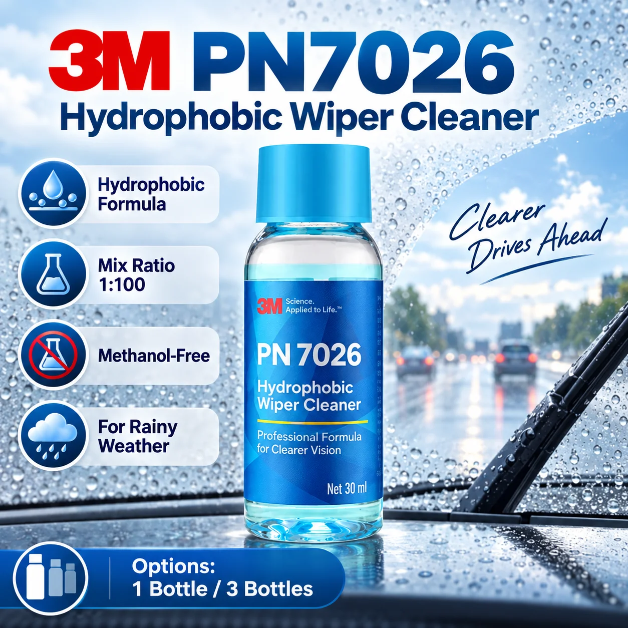 3M PN7026 Hydrophobic Wiper Cleaner Concentrate Water Repellent Oil Film Cleaner for Windshield Rainy Weather Car Care 30mL