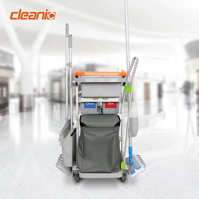Professional Commercial Multifunction Plastic Cleaning Trolley with 25L Stackable Recycling Bins Color Coded