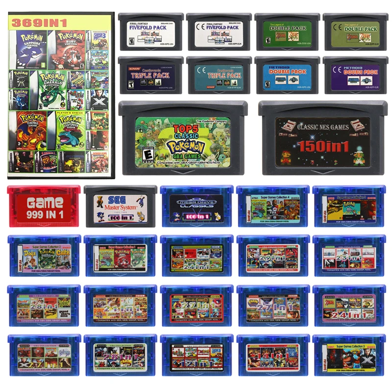 Compilation GBA Games Cartridge 32 Bit Video Game Console Card Pokemon Castlevania 369 IN 1 EG EN Series for Retro Fans Gift