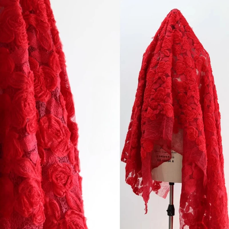 

Chiffon Flower Pleated Lace Mesh Fabric for Red Dress Set Non Elastic Soft Drape Fashion Cloth Diy By The Meter Sewing Material
